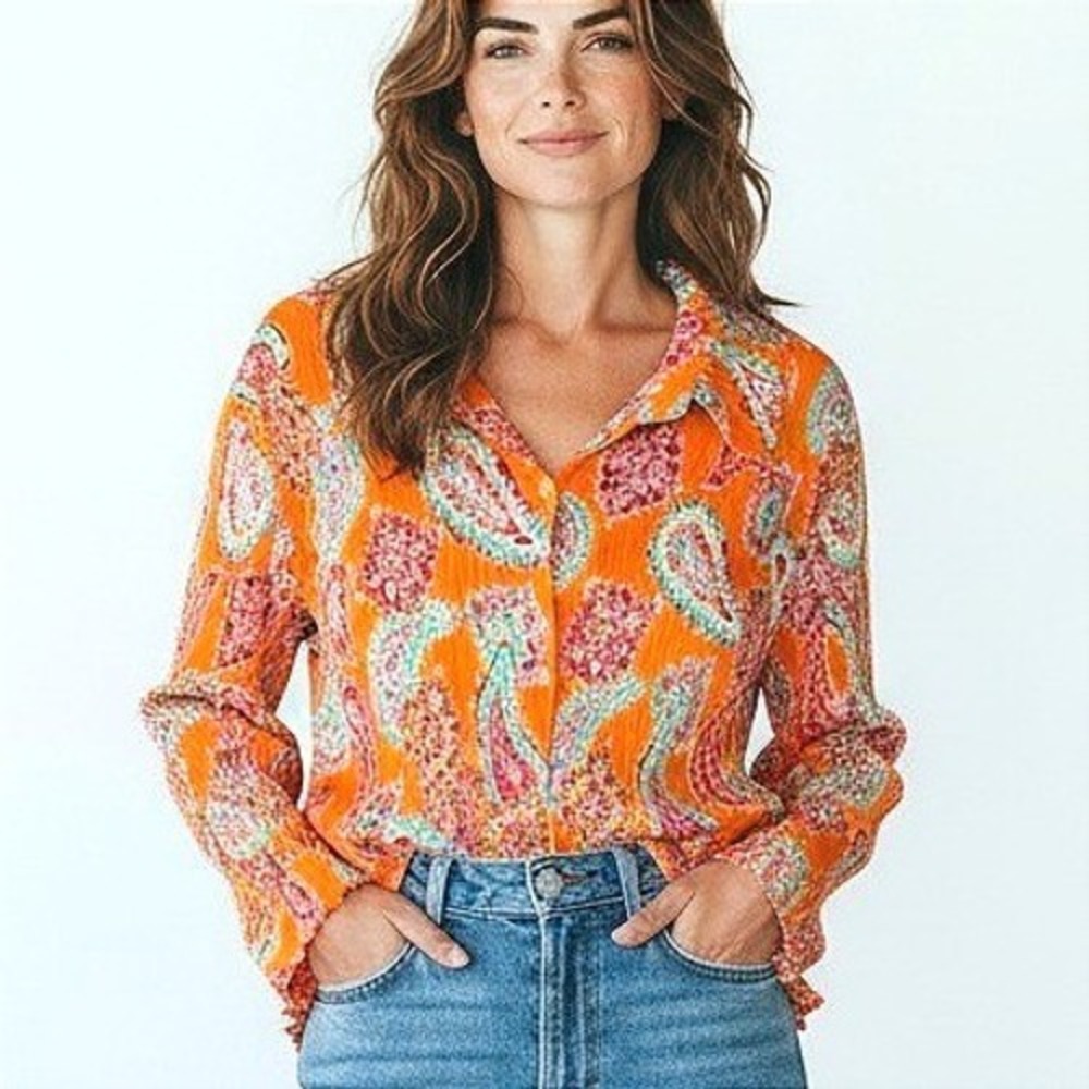 Vintage Orange Paisley Crinkle Button Up Blouse Long Sleeve Ruffle Collar Top